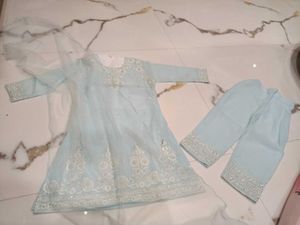 Girls' Light Blue Embroidered Salwar Kameez