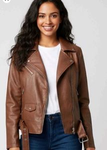 Brown Faux Leather Biker Jacket