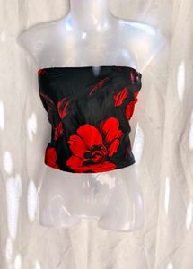 I. Black &amp; Red Floral Strapless Top