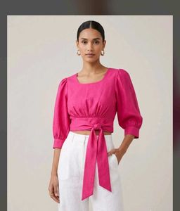 korean Vibrant Pink Tie-Waist Cropped Top