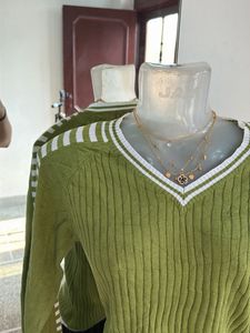 Green Ribbed V-Neck Sweater