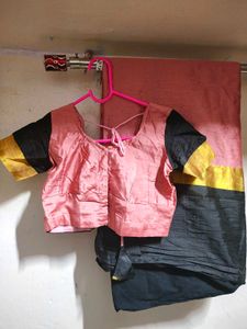 Pink &amp; Black Silk Saree with Blouse