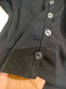 Black Ribbed Button-Up Long Sleeve Top