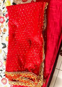 Stunning Red Sequinned Chunni with Gold Border