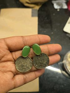 Green Stone &amp; Gold Dangle Earrings