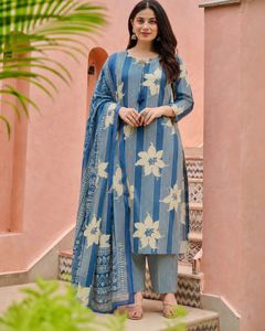Blue Floral Striped Kurta Set
