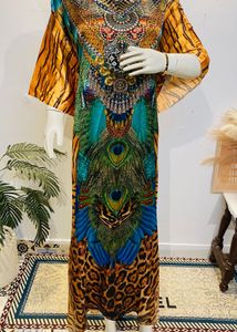 Vibrant Peacock Print Kaftan Maxi Dress