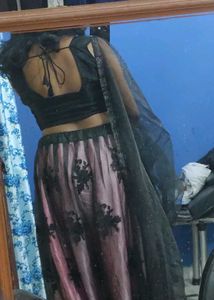 Elegant Pink &amp; Black Embroidered Lehenga Set