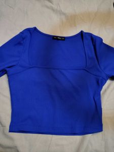 Ribbed Blue Square Neck Top