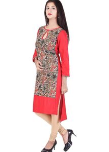Red Kurti With Flowers Print And Designer Neck