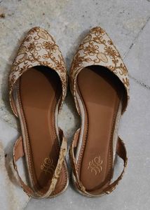 Beige &amp; Gold Embroidered Flats