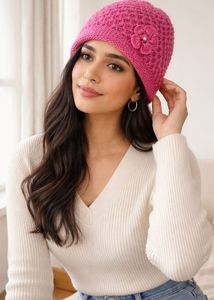 Pink Knitted Beanie with Flower