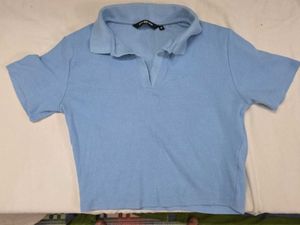 Style Union Powder Blue Ribbed Crop Polo Top
