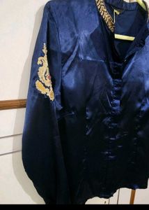 Fusion Party Navy Satin Embroidered Shirt
