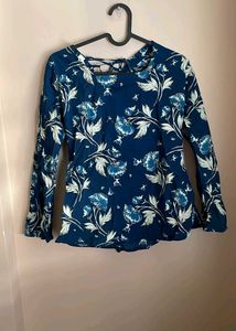 Blue Floral Print Bell Sleeve Top