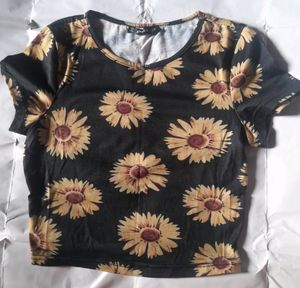 Shein Sunflower Black Fitted Crop Top Girl Xs Tee