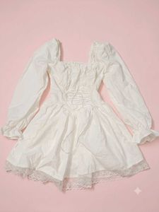 Savana White Puff Sleeve Lace Trim Dress