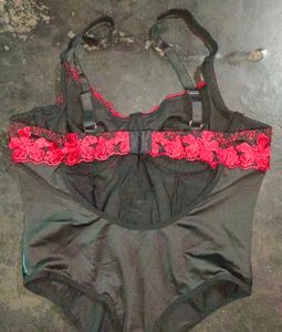 leather Black &amp; Red  Lace Teddy Bodysuit