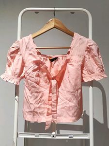 Chic Pink Puff Sleeve Tie Front Top