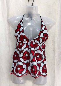 Sparkling Red & White Floral Halter Top