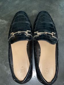 Black Croc Loafers with Gold Buckle