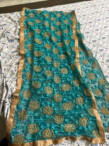 Teal &amp; Gold Embroidered Anarkali