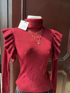 Chic Red Turtleneck Ruffle Sleeve Top
