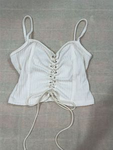 White Ribbed Lace-Up Crop Top