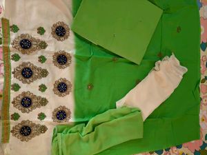 Green &amp; White Embroidered Kurta Set dress material