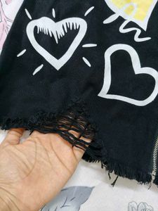Black Denim Skirt with Heart Prints