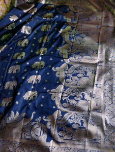 Elegant Navy Blue Elephant Banarasi Silk Saree