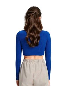 Blue Square Neck Long Sleeve Crop Top