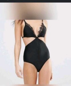 Black Lace Trim One-Piece Swimsuit