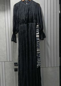 Elegant Black Lace Maxi Dress with Scarf Belt