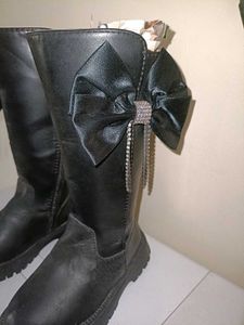 Black Leather Boots with Bow Detail