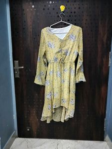 Muted Mustard Floral Ruched High-Low Mini dress