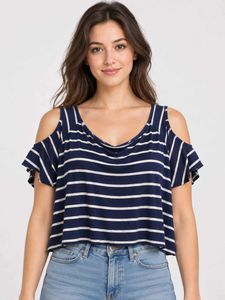 Navy Striped Cold Shoulder Top