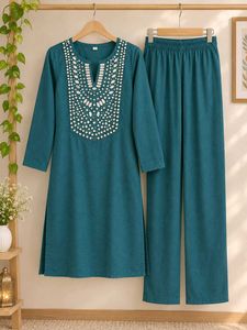 Teal Kurta Set with Embellished Neckline