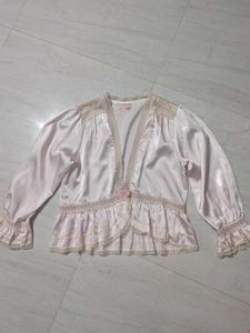 Women's Pink Satin Ruffled Blouse