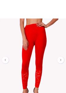 Vibrant Red Lace Trim Leggings