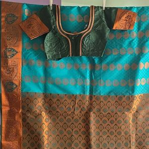Elegant Teal & Copper Saree with Blouse