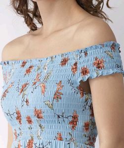 Blue Floral Off-Shoulder Smocked Top