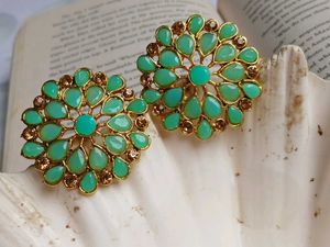 Spiral Pearl Drop &amp; Green Stud Earrings