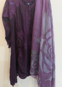 Purple thread Embroidered Kurta Set,Dupatta&amp;Pant