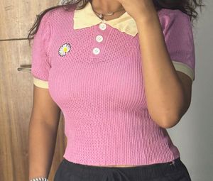 Cute Pink Daisy Knit Polo Top