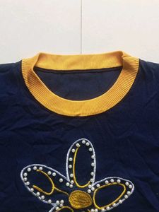 Navy Blue Top with Floral Embroidery