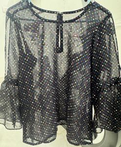 Sheer Polka Dot Bell Sleeve Top