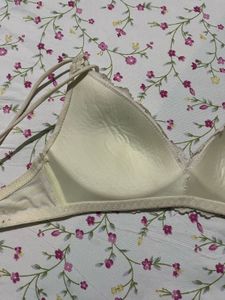 Cream Striped Lace Trim Bra