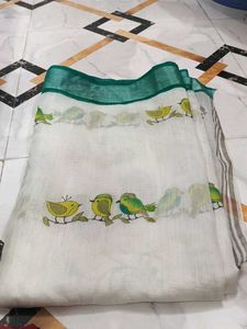 White Saree with Bird Print