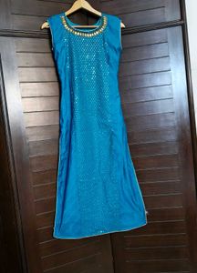 Teal Sequined Georgette Kurta Set with Dupatta